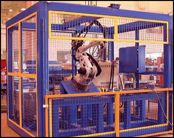 Pictured is a manually operated single robot stand alone MIG weld cell used to manufacture assemblies that have relatively low production.  Light curtains and safety interlocks always ensure the operators safety during production.  The fixture is always designed with tooling specifically designed to hold the assemblies tolerance.  This particular MIG weld cell is ideal for this due to its relatively low cost, highly efficient output and product repeatability.